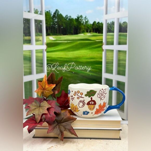 Cozy Autumn Leaves & Acorn Mug – Hand-Painted Ceramic Cup with Blue Handle, 16oz - Picture 7 of 10